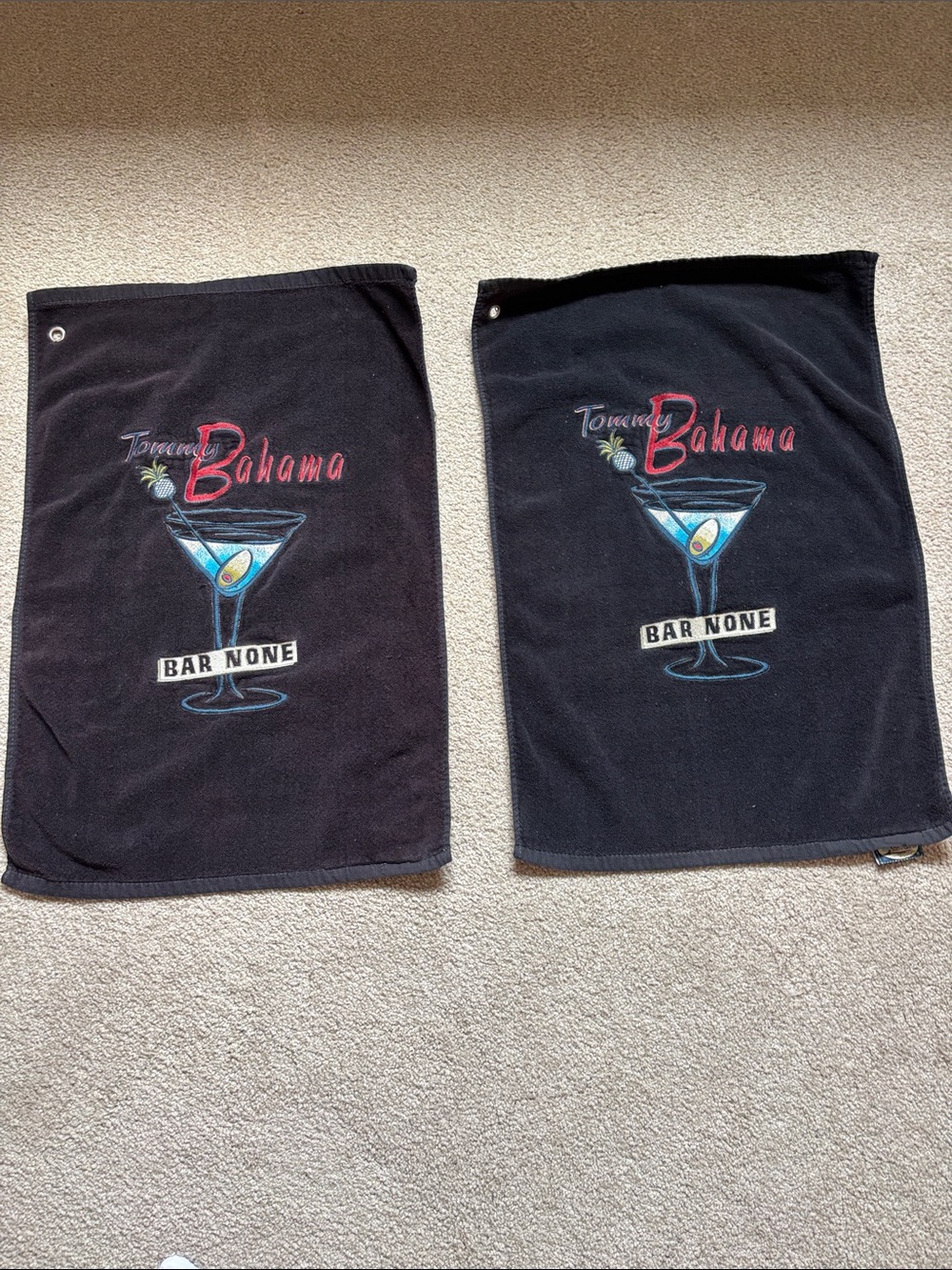 Tommy Bahama Black Cocktail Golf Towels with Multicolor Martini Embroidery